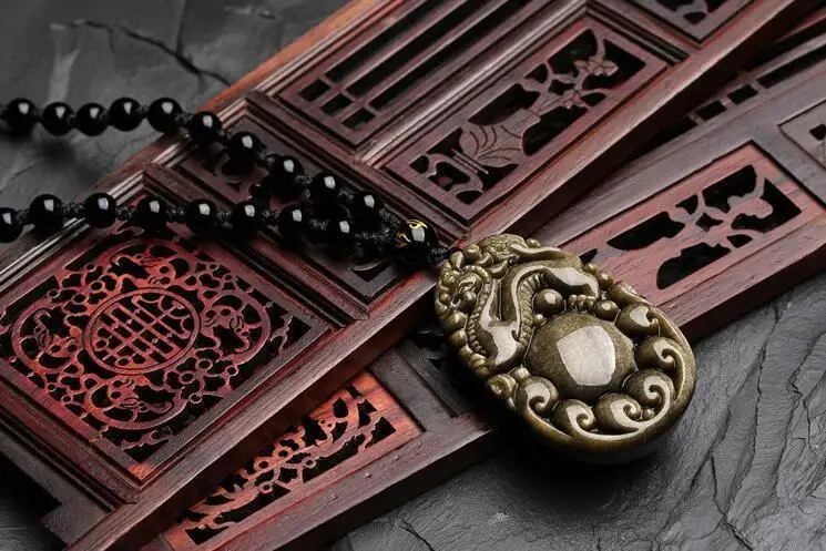 

LETSFUN Fine Jewelry Chinese Natural Gold Obsidian Hand Carved Dragon Lucky Pendant+Beads Necklace Free Shipping