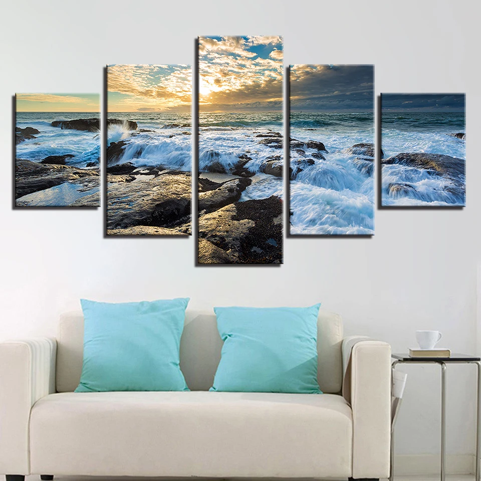 Модульные холщовые картины с рамкой 5 шт. дерево и река красное небо восход солнца