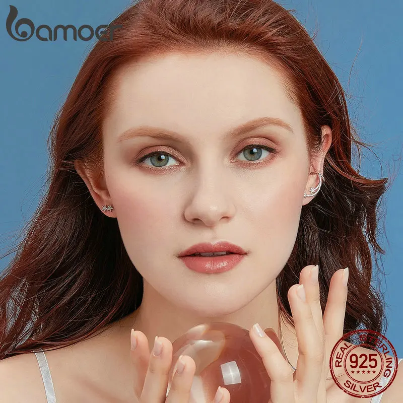 Женские асимметричные серьги гвоздики BAMOER Star Comet прозрачные с фианитами 925 пробы