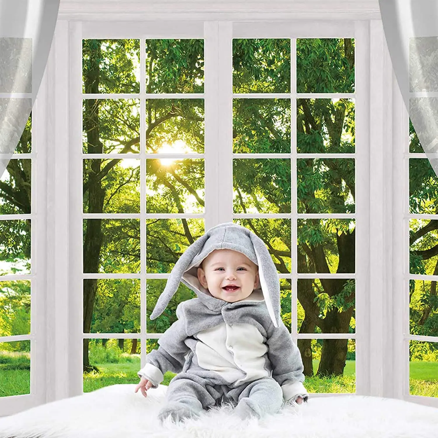 Spring Window Scenery Photography Backdrop White Windowsill Floral Green Forest Natural Photocall Background Wall Newborn Kids |