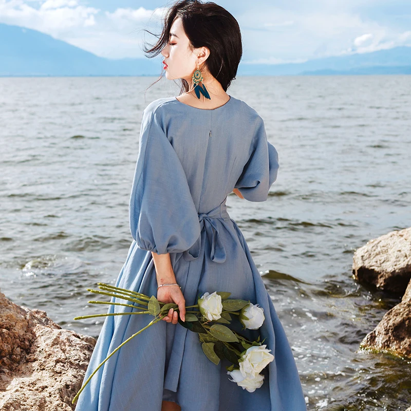 

Summer Sexy V-neck Elegant Bow sashes High Waist Women Asymmetrical Ball Gown Dress Hihg qulaity Vintage Holiday Vestidos