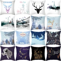 winter snow scene sofa cushion cover christmas cartoon elk pillow case white throw pillow cover home decorations for couch car