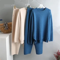 2021new 2 pieces set women knitted tracksuit turtleneck sweater carrot jogging pants pullover 2021 sweater set chic knitted
