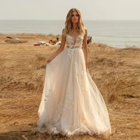 sexy v neck lace appliqued a line wedding dresses backless style tulle sweep train bride dress wedding gowns