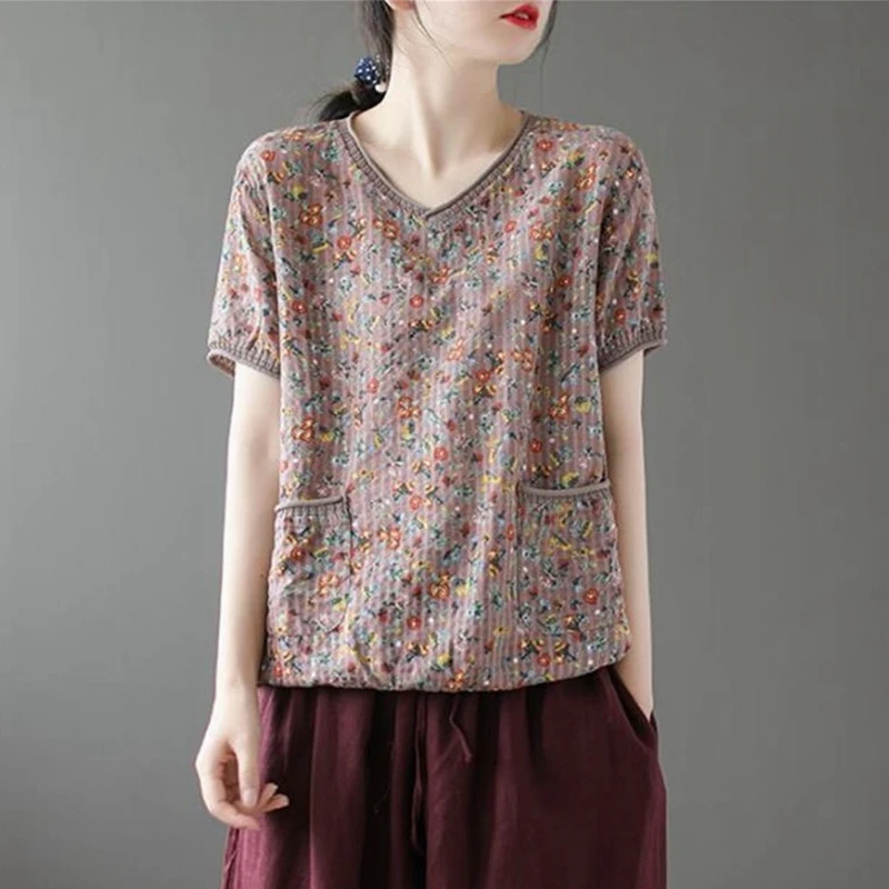 Футболка с коротким рукавом из хлопка и льна футболка для женщины в этническом