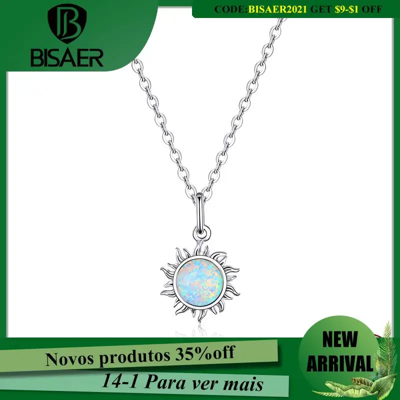 

BISAER Necklaces 100% 925 Sterling Silver Shape Of The Sun Pendant Bright Original Link Chain For Women Fine Jewelry Gift HSN399