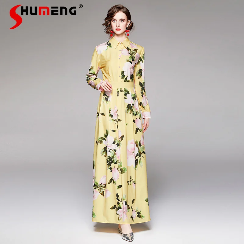 

Платье женское длинное с принтом, элегантное желтое приталенное офисное платье миди с воротником-поло, рукавом до щиколотки