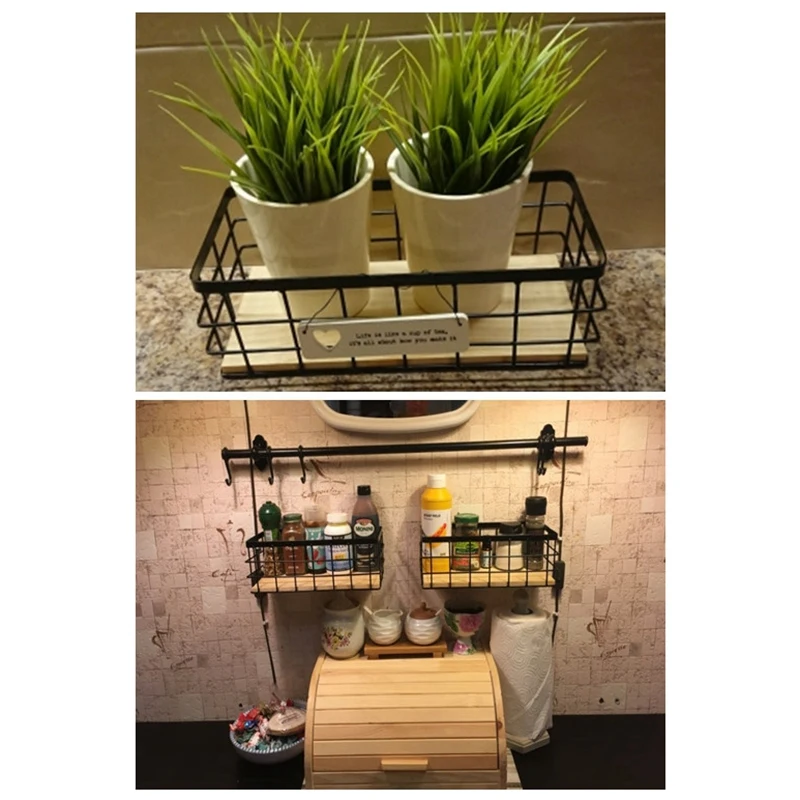 

2x Iron Wall Shelf With Wooden Board Hanging Storage Basket Sundries Shelves Holder Storage Rack Home Large