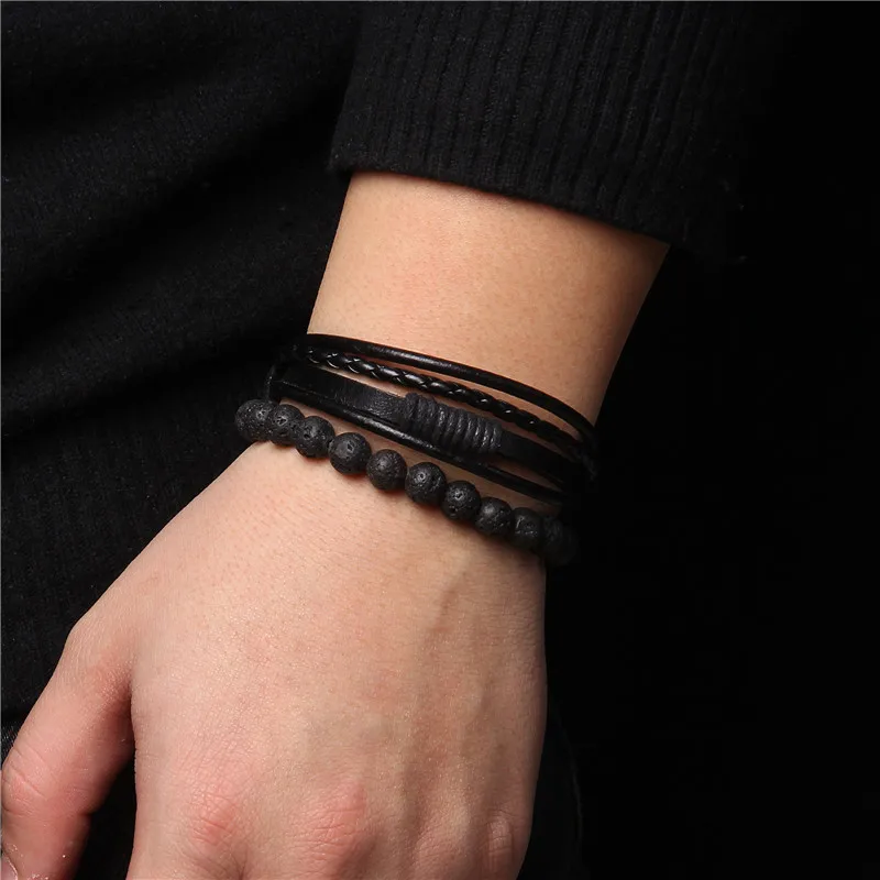 

2pcs/set Fashion Black Bracelets Natural Stone Leather Men Bracelet Homme Wholesale Punk Hiphop Male Bangle Jewelry Party Gifts