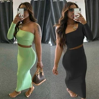 spring and autumn solid color sexy fashion womens dress sets long sleeve skew collar slim long dress