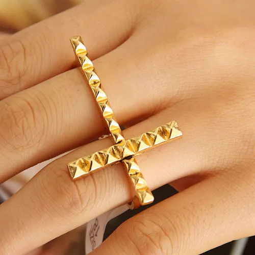 Женские кольца на два пальца с кристаллами панк золотого цвета свадебные