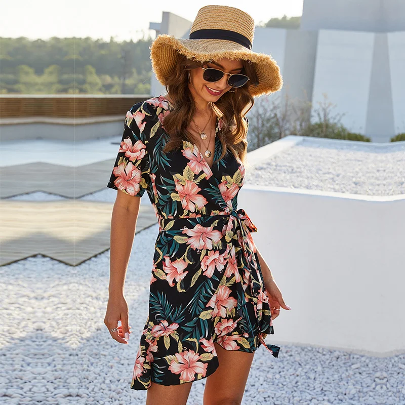 

2021 New Fashion Summer Floral Short Dress Women Casual V-neck Lace Up Print Mini Short Sleeve Print Ladies Dress