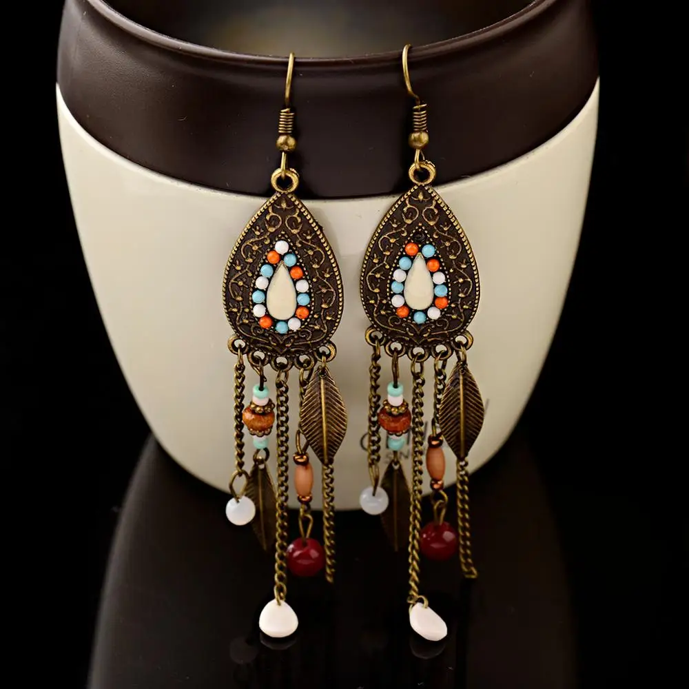 

Bohemian Retro Style Fashion Earrings Alloy Drop-Shaped Pendant Geometric Carved Pattern Chain Alloy Leaf Pendant Tassel Earring