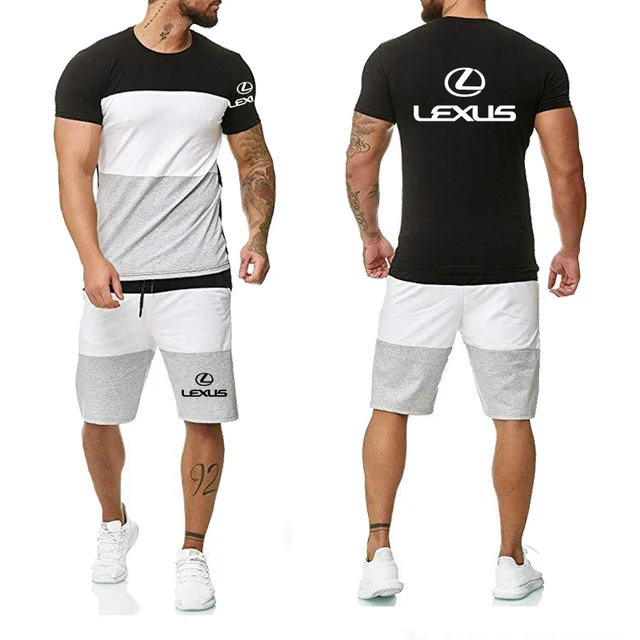 

New Fashion Summer Men T-Shirts Lexus Car Logo Print Shor Sleeve Casual Cotton Round Collar Men T-shirt+shorts 2pcs suit