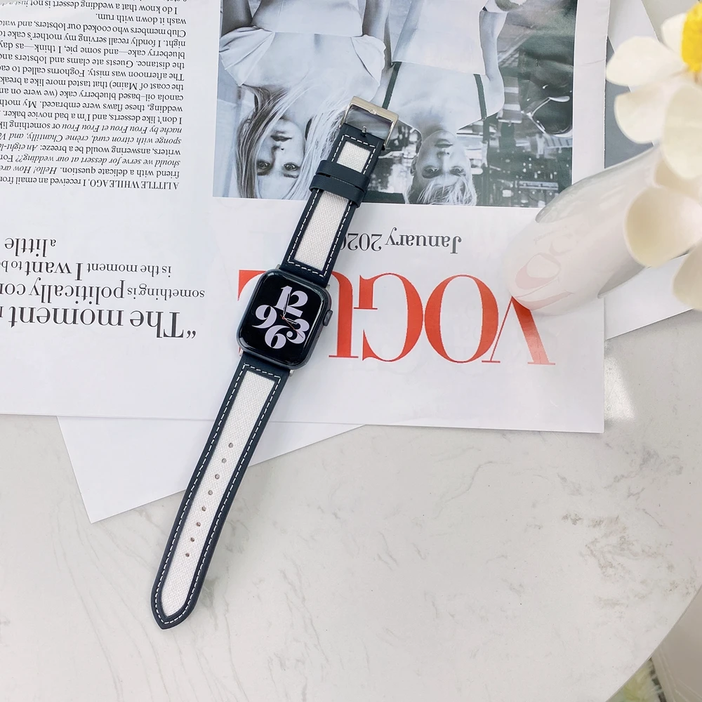 Ремешок кожаный для Apple Watch 4 3 2 1 42 мм 44 прочный тканевый сменный Браслет Iwatch Series SE6 5