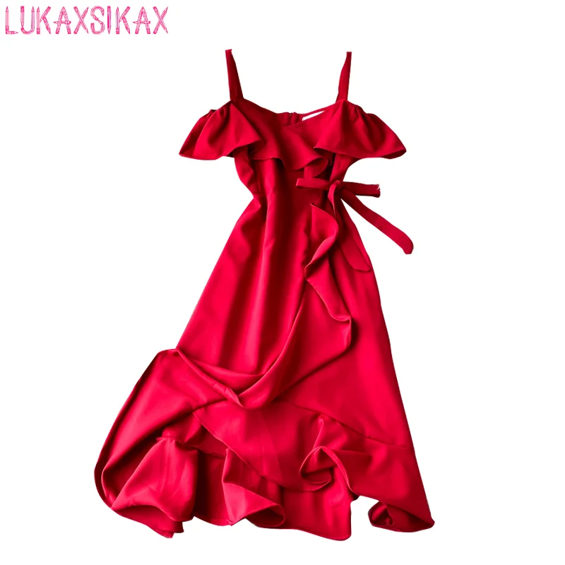 

LUKAXSIKAX New Summer Women Sexy Slash Neck Off Shoulder Strap Dress Sweet Ruffles Irregular Hem Solid Color Elegant Dress
