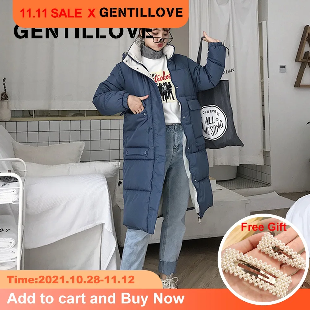 

Длинная парка для женщин, зимнее однотонное корейское пальто-фонарик в стиле Харадзюку, теплые толстые средней длины куртки, повседневное п...