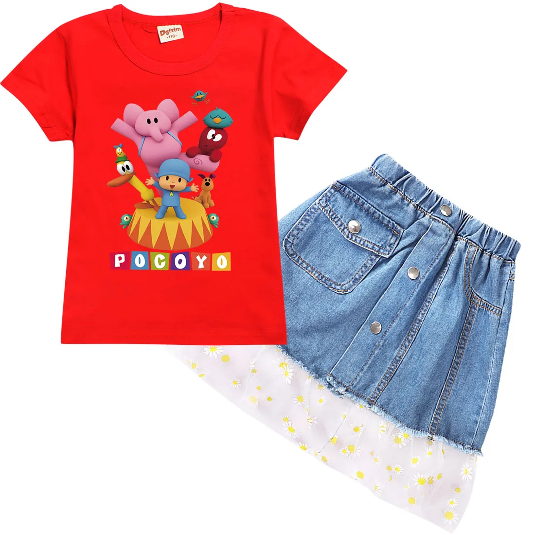 Футболка с коротким рукавом и джинсовая юбка для девочек|Костюмы девочек| |