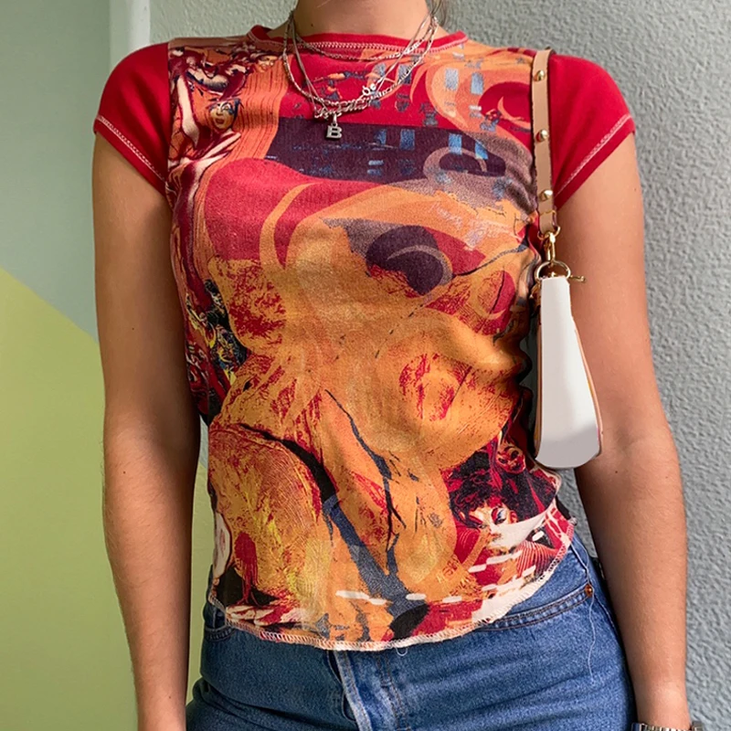 

Women Retro Y2K Graphic Print T-shirts O-neck Short Sleeve Slim-fit Tee Tops Aesthetic E-girl Summer 90s Vintage Sweats