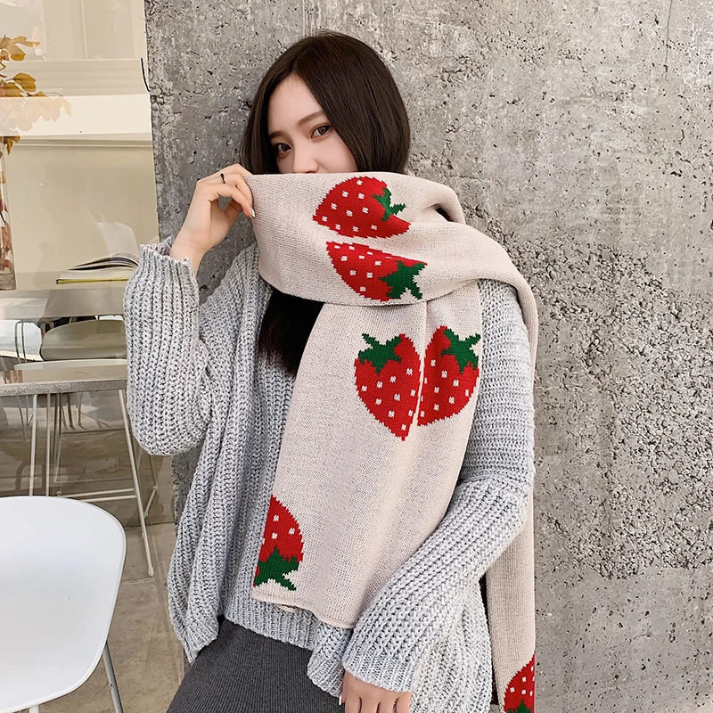 

NEW 2021 Winter Scarves For Women Shawls Warm Wraps Lady Strawberry Print Knitted Scarf Neck Headband Hijabs Keep Warmer Gift