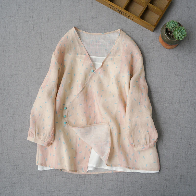 Блузка женская в китайском стиле тонкая прозрачная рубашка/блузка с принтом на