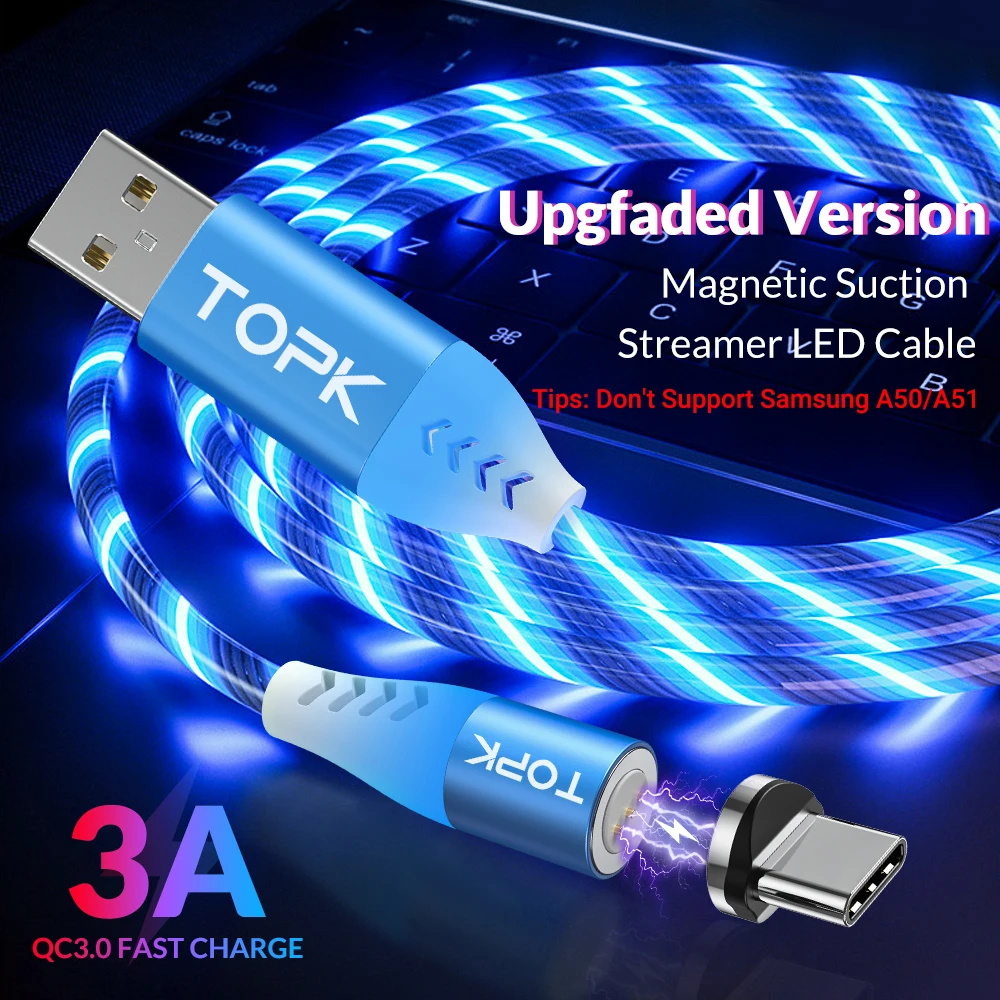 Магнитный кабель TOPK 3A светодиодный Micro Usb Type-C для быстрой зарядки iPhone Xiaomi Mi 9 8