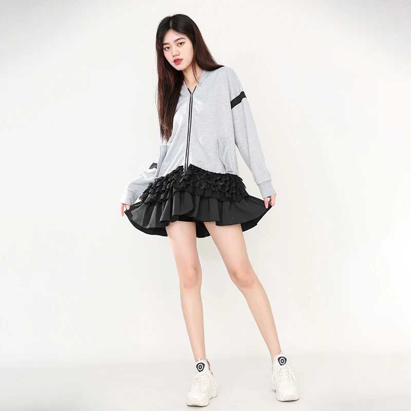 

[EAM] Loose Fit Gray Ruffles Mesh Gray Sweatshirt New Stand Collar Long Sleeve Women Fashion Tide Spring Autumn 2021 1DD480502