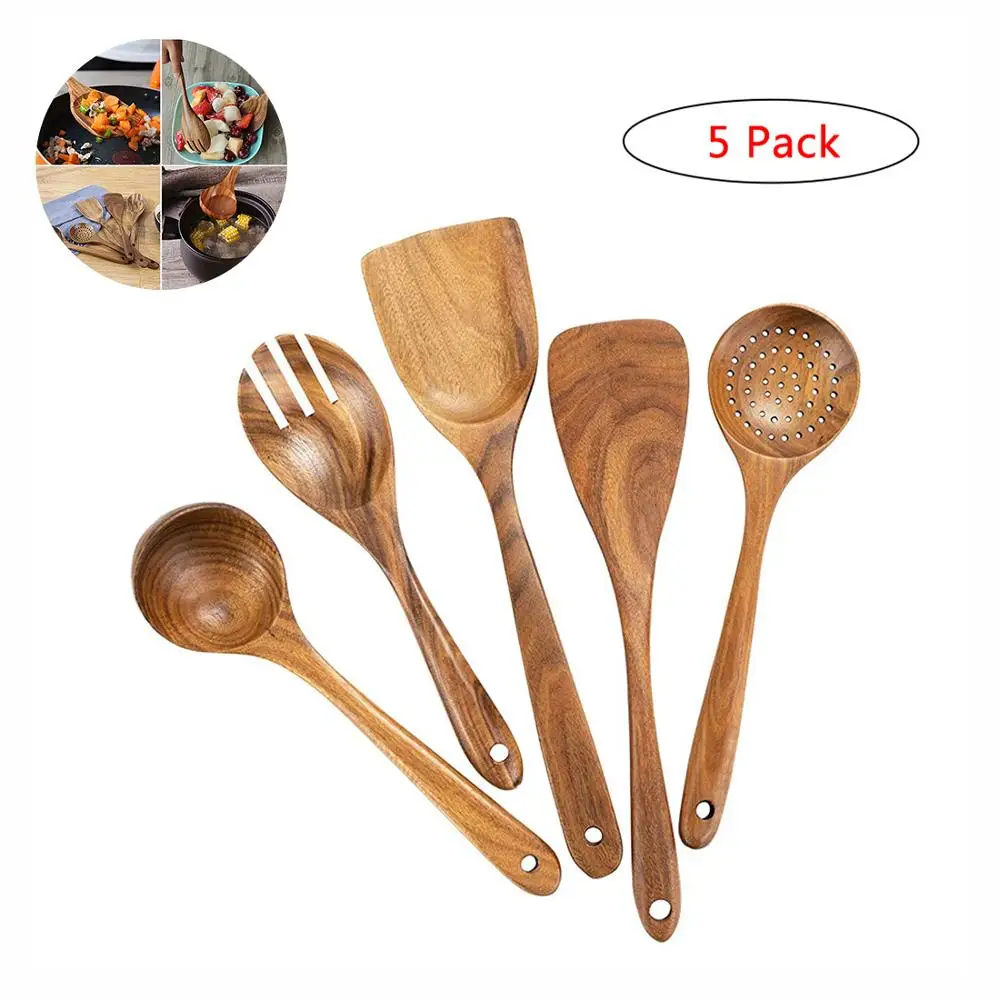 

Wooden Utensils Set for Kitchen, Wood Cooking Spoons Tools, 100% Handmade by Natural Teak Wood Without Any Painting