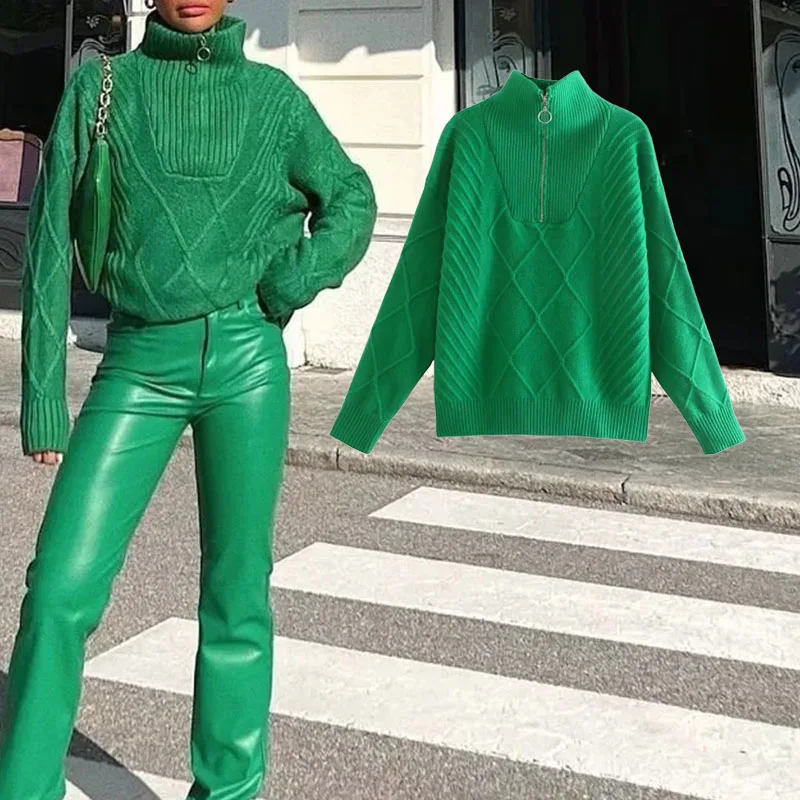 

Za 2021 Women New Fashion Loose Green Twist Knit Sweater Vintage Stand-up collar Long Sleeve Female Pullovers Chic Tops
