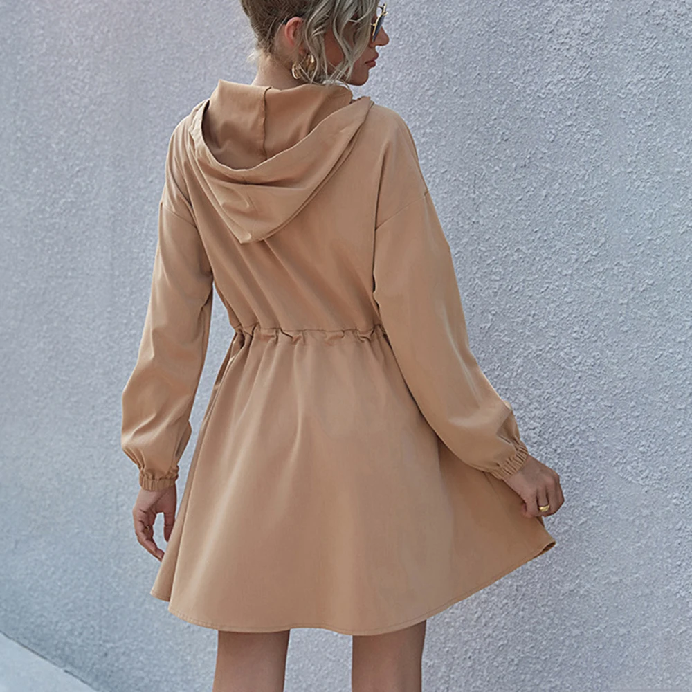 

Khaki Patchwork Leopard Print Dress Women 2021 A Line Hooded Drawstring With Zipper Full Sleeve Ladies Casual Spring Clothes