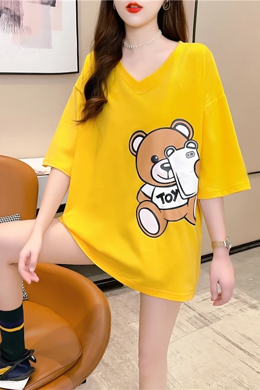 

Houthion Loose Large Size Women's T-shirt Short Sleeve Cartoon Bear Tshirt New Casual Fashion T Shirt Summer Cotton Top V-Neck