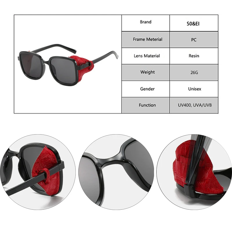 

SO&EI Square Steampunk Side Leather Decoration Women Sunglasses Brand Designer Outdoor Windproof Shades Men Sun Glasses Oculos