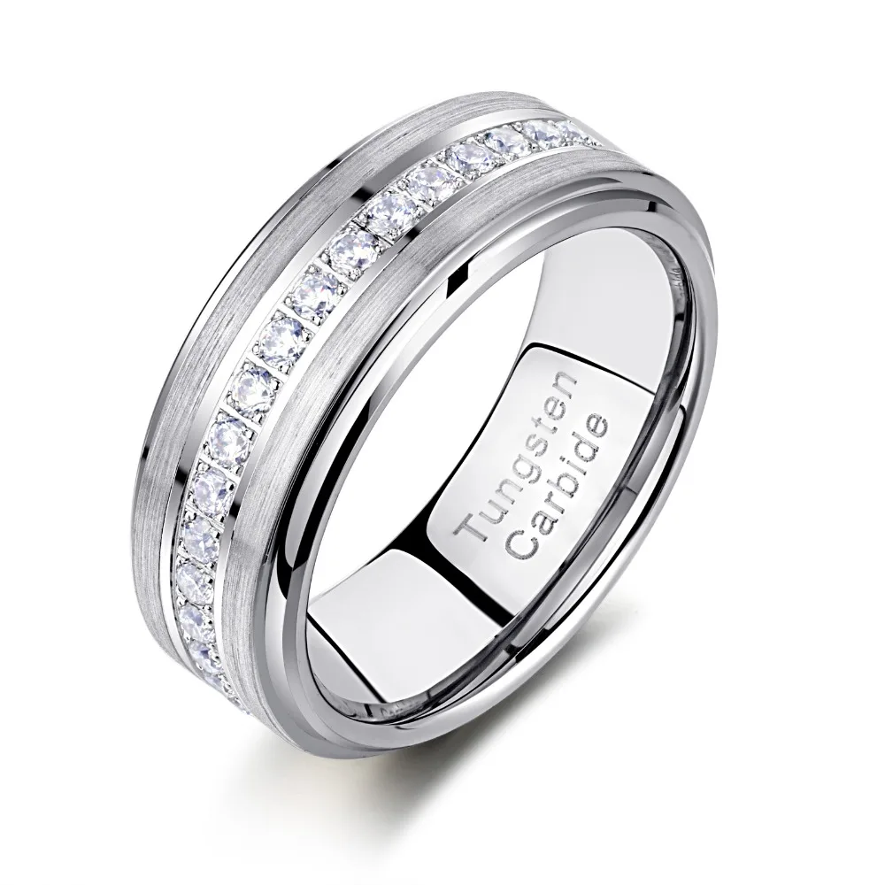 Newshe Mens Promise Wedding Band Tungsten Carbide Rings For Men Charm Ring 8mm Size 9-13 AAA White Round Zircon Jewelry TRX058