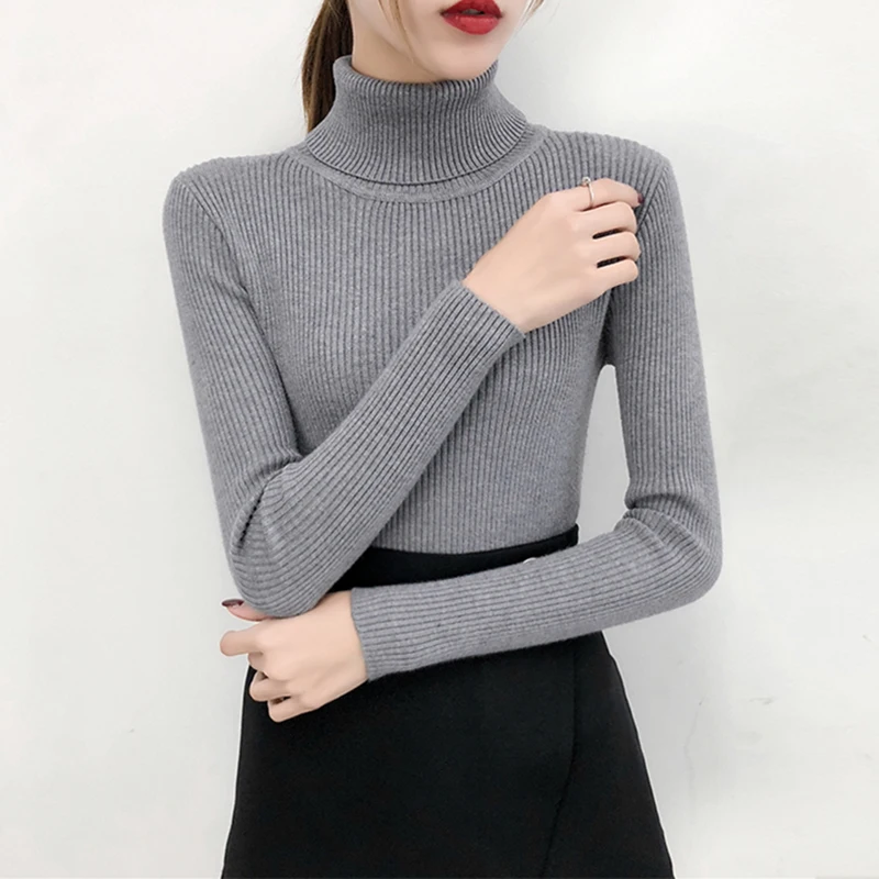 

2021 Осень Зима Тонкий отложной воротник высокая эластичность повседневные пуловеры женские тонкие Водолазки Вязаный женский свитер