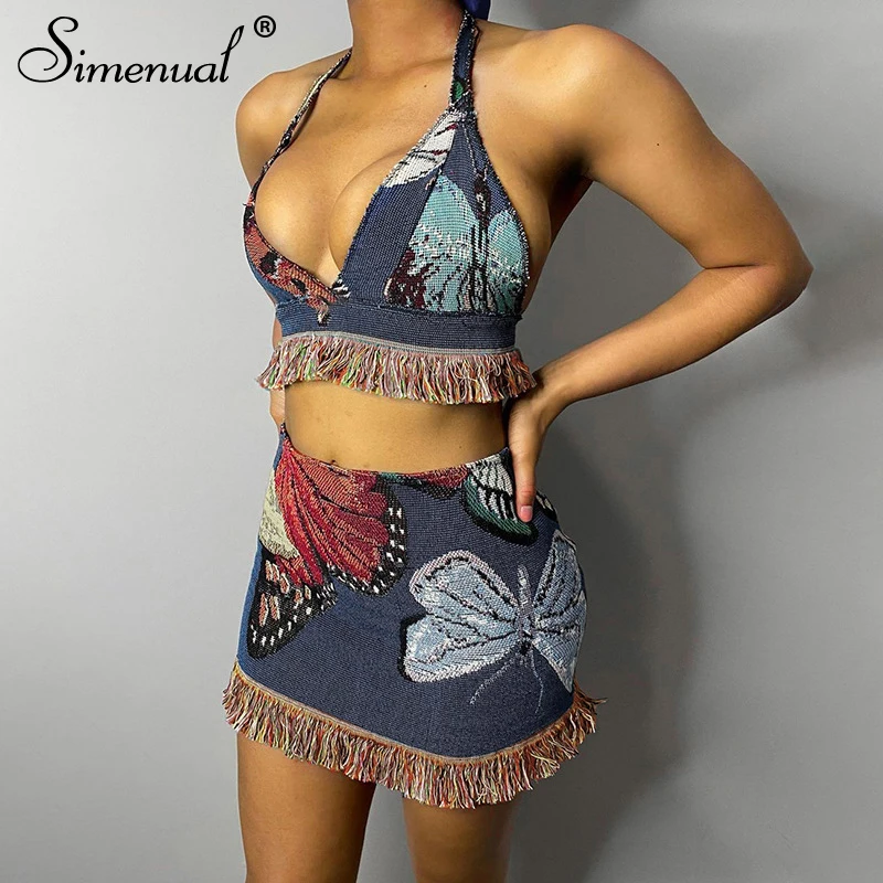 

Simenual Butterfly 3D Print Tassel Tie Up 2 Piece Outfits Club Halter Bandage Top And Skirt Baddie Clothes Matching Sets Skinny