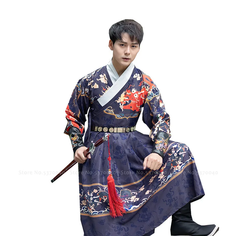 

Chinese Traditional Ming Qing Dynasty Men Hanfu Dress Dragon Print Tang Suit Hanbok Korean Robe Prince Swordsman Cosplay Costume