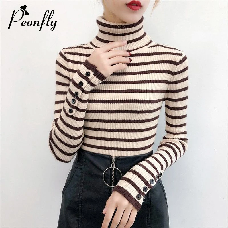

PEONFLY 2020 Women Autumn Knitted Turtleneck Sweater Striped Printed Knitted Female Elastic Pullovers Button Long Sleeve Jumper