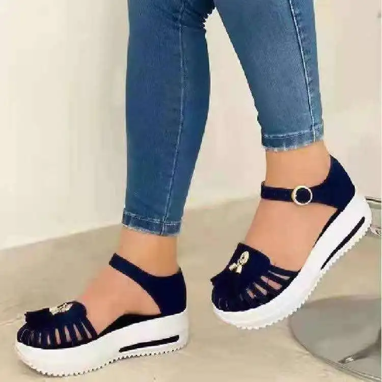 

Female Sandal Fashion Womens Shoes 2021 Buckle Strap Tassel Large Size Girls Luxury Low Comfort Beige New Fringe Big Casual PU B