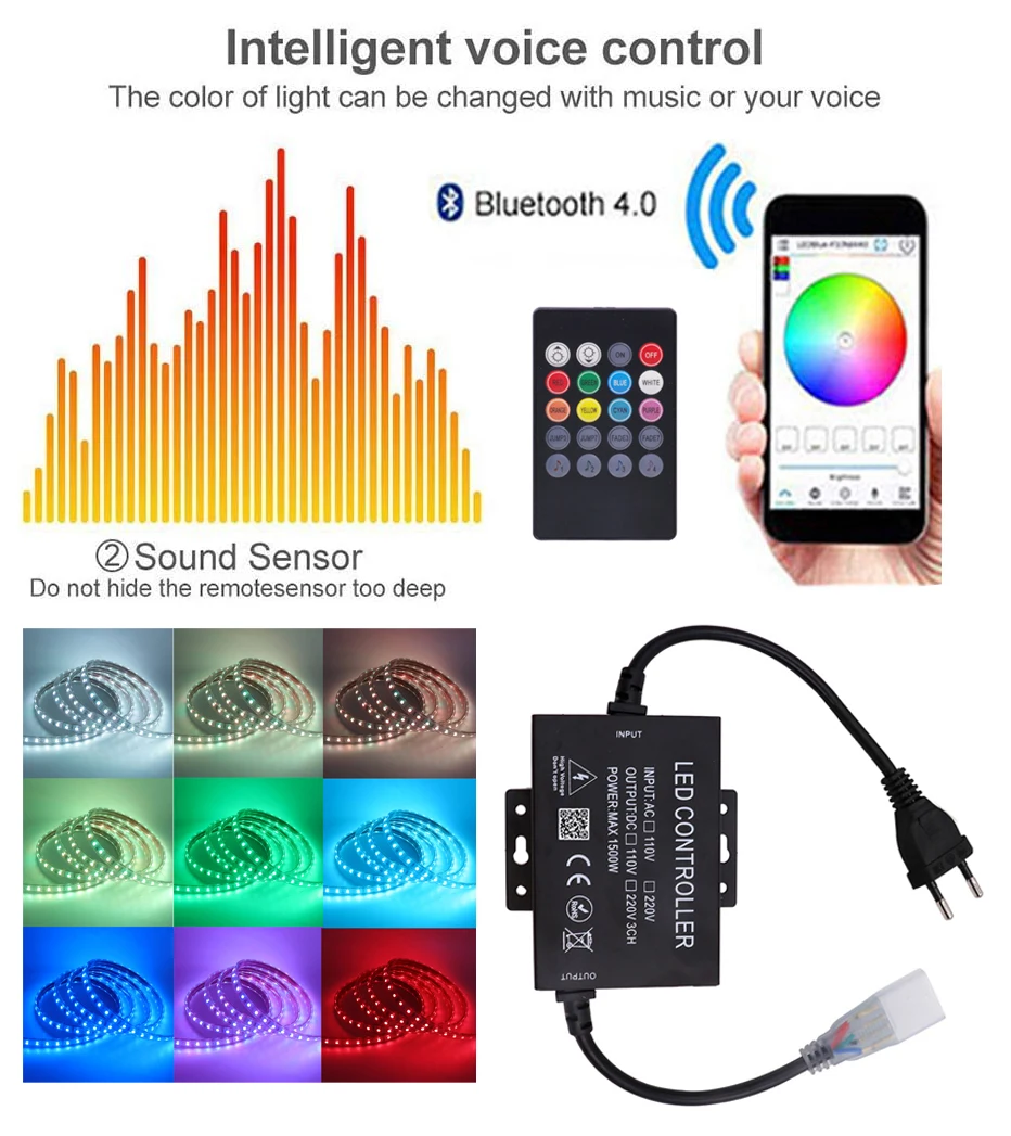 Светодиодная лента RGB 5050 с музыкальным Bluetooth-управлением через приложение, дистанционное управление и влагозащитой 60LED/м для гибкой декорации дома на 220В и 110В.