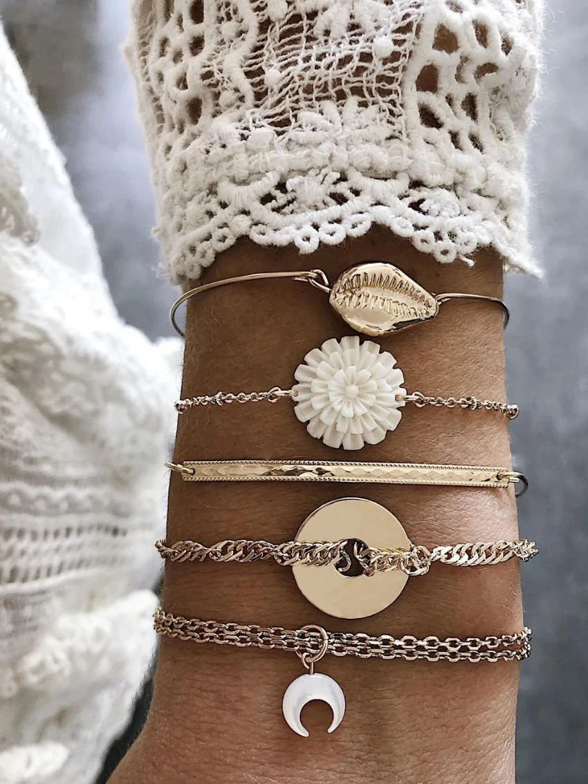 Набор браслетов белый цветок луна круг шарм и зеленый синий бисер сплав оболочка