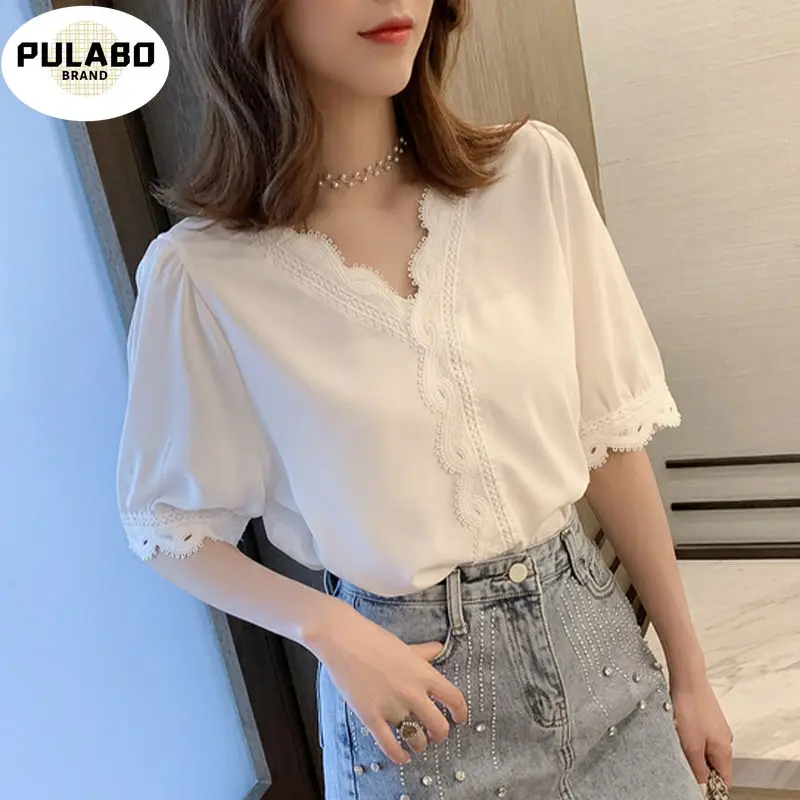 

2021 Summer Dress V-neck Shirt Design Sense Non-Mainstream Short Sleeve Shirt Chiffon Small Shirt T-shirt Women Blouses & Shirts