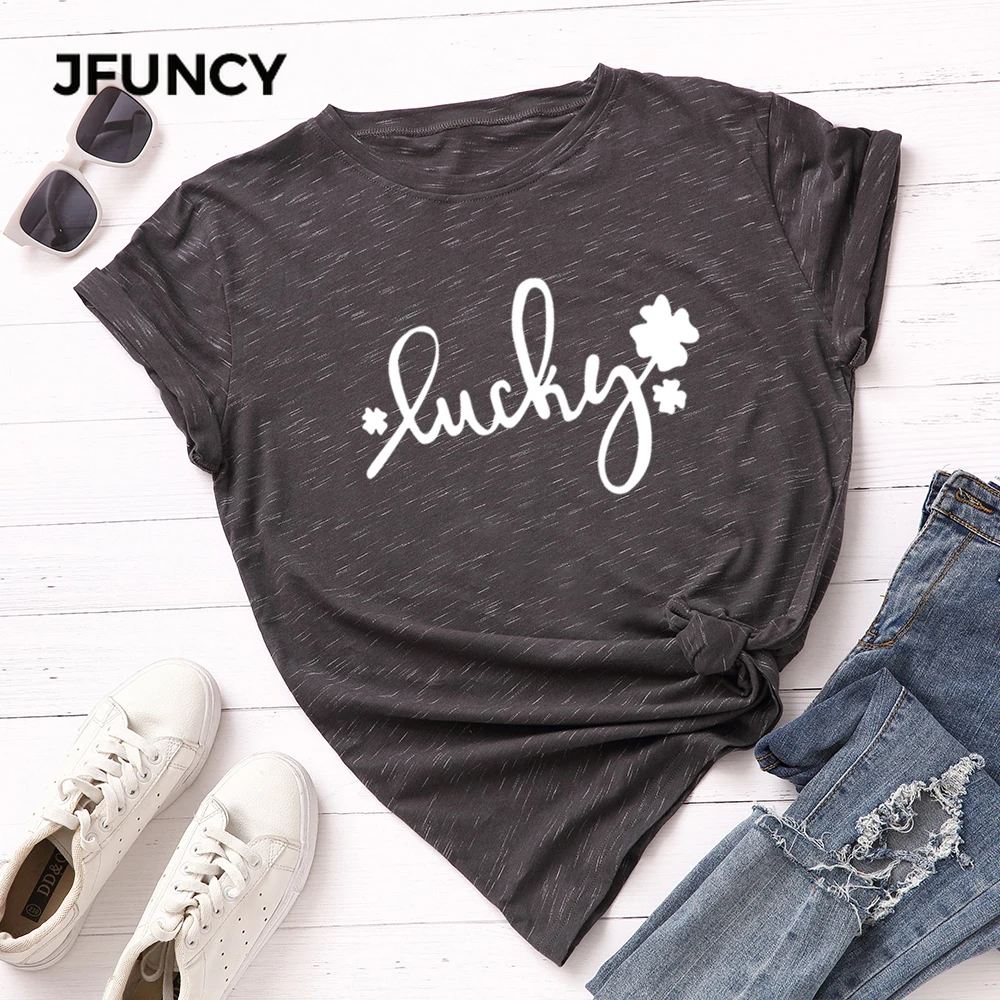 

JFUNCY Plus Size S-5XL Women T-shirts Female Short Sleeve Tee Tops Lucky Print Woman Casual Tshirt 2020 Summer Cotton T Shirt