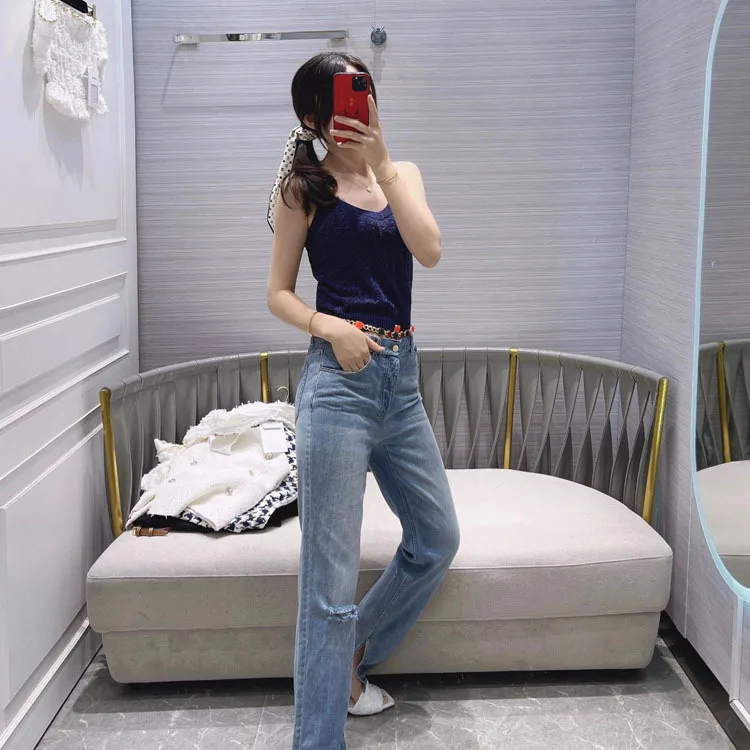 2021 Spring/Summer women's new look casual high-waisted straight barrel open-cut cut-out drag jeans