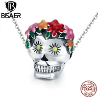 bisaer 925 sterling silver enamel flower skull beads mexico day of the dead festival women charms diy for charm bracelet gxc888