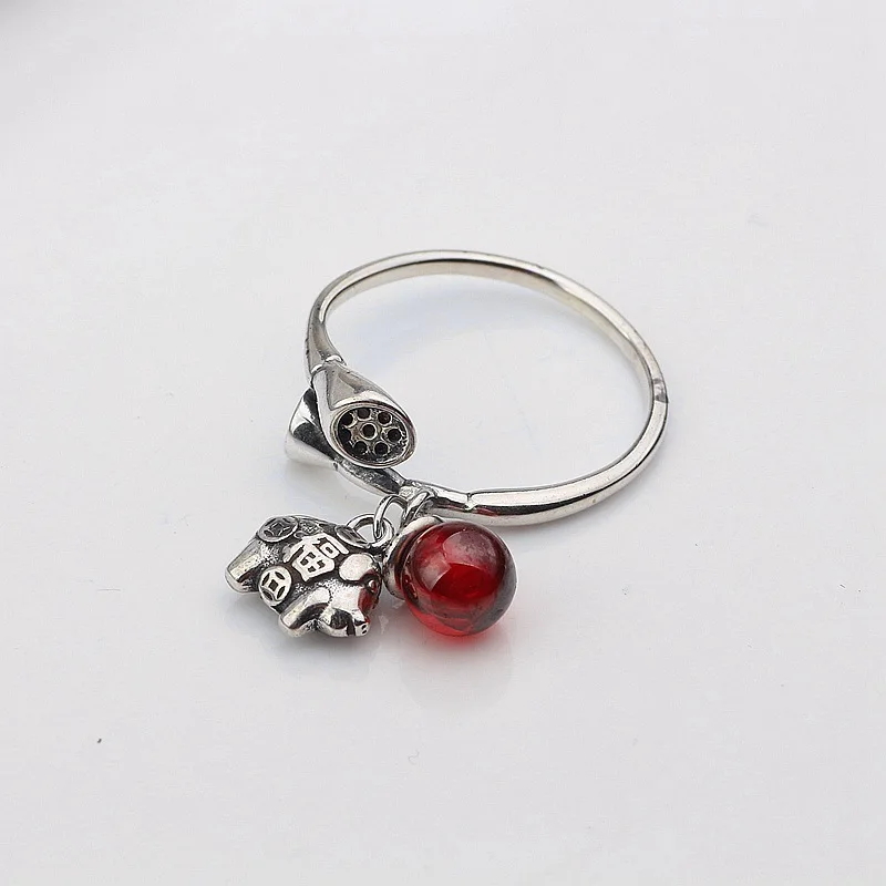 

restoring ancient ways ring the pig female s925 pure silver lotus root zirconium pomegranate red tassel opening ring