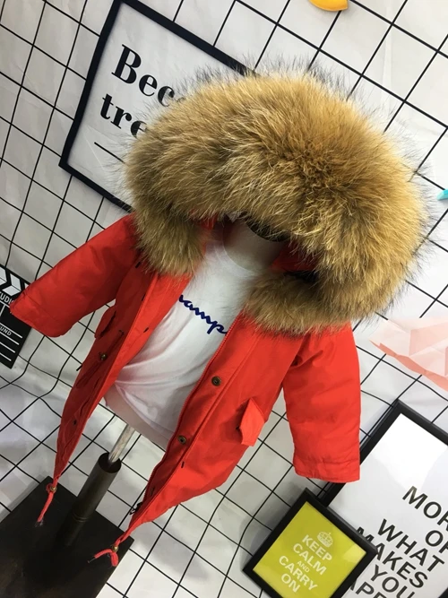 Red Natural Fur Детская куртка-пуховик на утином пуху до 30 градусов зимнее пальто для мальчиков и девочек куртка с капюшоном из меха енота верхняя одежда для девочек, пуховая парка От 4 до 12 лет, TZ430 - Цвет: Red Natural Fur