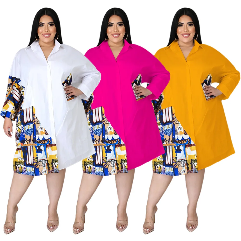

Plus Size Dresses Women Wholesale Patchwork Buttons Casual Long Sleeve Loose Office Lady Shirt Midi Dresses Dropshipping 2021