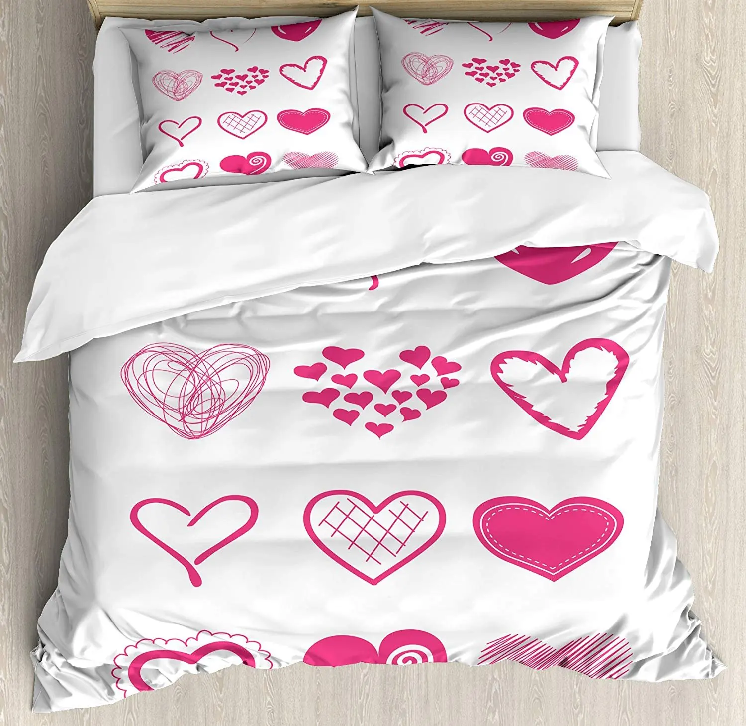 

Pink and White Bedding Set Cute Doodle Valentine's Hearts with Different Patterns Being In Love Duvet Cover Pillowcase for Home