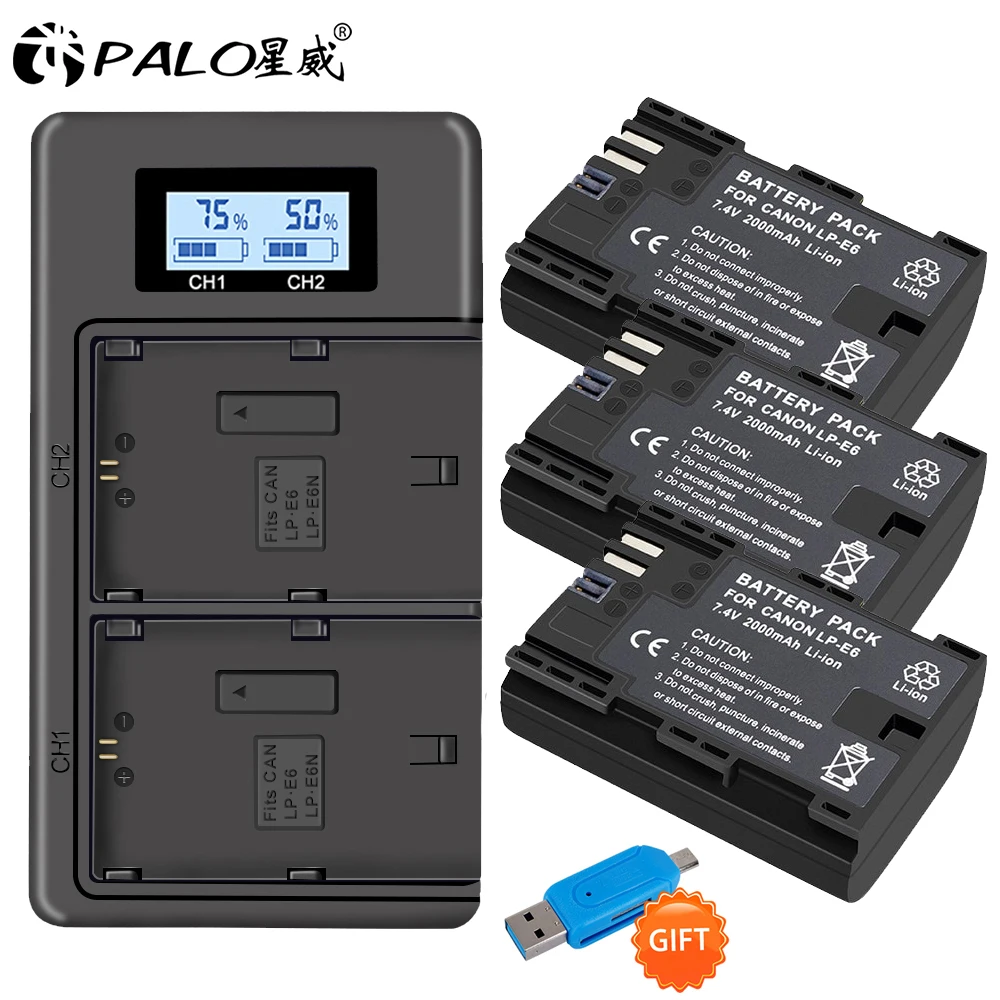 3 шт. LP E6 LPE6 E6N аккумулятор 2000 мАч + USB зарядное устройство для Canon EOS 5DS R 5D Mark II III 6D 7D 80D