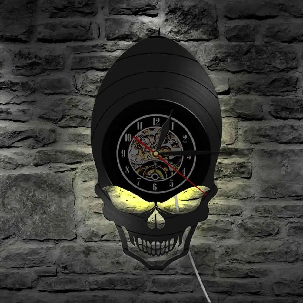 Demon Alien Skull Retro Clock Watch Goth Scary Wide Cheekbones Eyes Skeleton Vintage Vinyl Record Wall Halloween Deco | Дом и сад